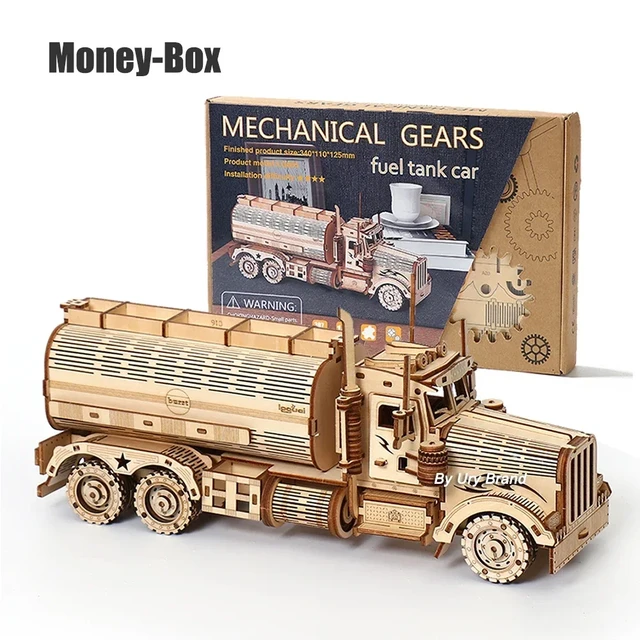 DIY 3D Wooden Puzzles Money Box Piggy Bank Fuel Truck Model